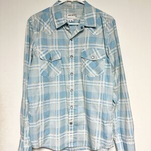 Warp And Weft Long Sleeve Pearl Snap Button Down Blue Plaid Men’s Medium‎